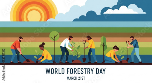 Diverse group of people planting trees together in a field on world forestry day march 21st symbolizing environmental conservation and sustainability