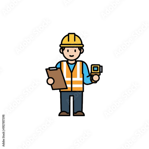 A cartoon illustration of a construction worker holding a clipboard and a measuring device.