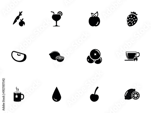 Assortment of Black Glyphs Representing Fresh Produce, Juices, and Warm Beverages