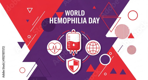 World hemophilia day banner with medical symbols and geometric shapes in red white and purple colors promoting awareness and support for hemophilia community globally
