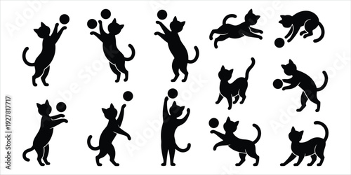 Black silhouette cats playing with balls in various poses kittens