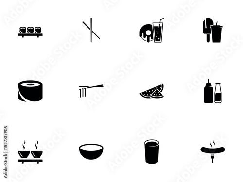 Icon Set for Asian Cuisine, Beverages, Condiments, and Refreshments