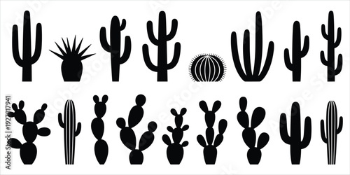 Assortment of Black Silhouettes of Various Cactus Species in Different Shapes succulent plant