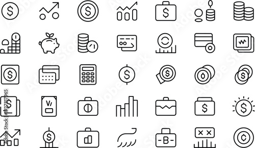 A diverse set of professional financial and business line icons, illustrating money management, investment, and growth in a clean, modern digital look.