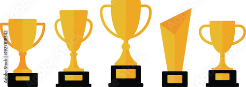 Five distinct golden trophies with dark bases are brightly displayed on a white background, symbolizing victory, success, and achievement.