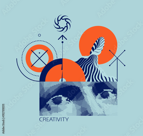 Sea wave, windmill and geometric figures. Idea generation concept. Creative design. Close-up eyes. Time to think. Art composition. Geometrical pattern. Cover design template. Vector illustration.