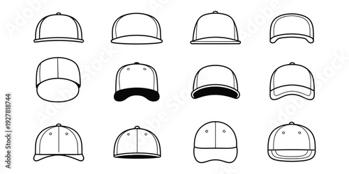 Twelve simple line drawings of baseball caps in multiple perspectives, outline headwear icons grid layout, front profile top and three quarter views, minimalist vector illustration pack, professional