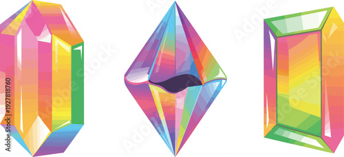 Colorful crystal gemstone vector illustration set featuring rainbow gradient quartz shapes with geometric facets isolated on background for jewelry, design, and decorative projects