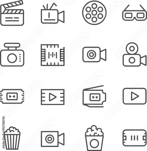 A versatile collection of clean, professional line icons illustrating film, cinema, and video production elements, ideal for modern graphic design.