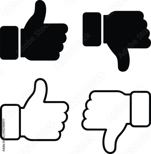 Clean vector icons: solid and outlined thumbs up and down gestures, conveying positive and negative digital feedback on a white background.