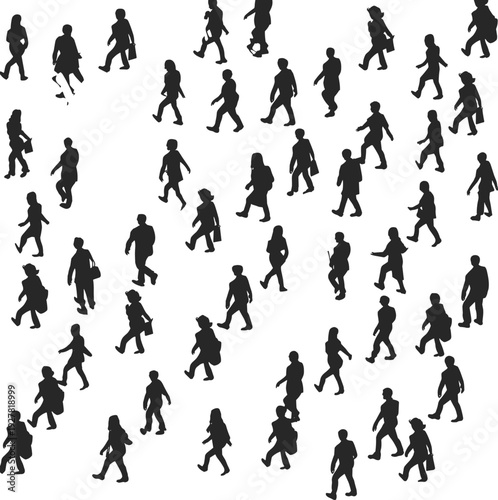 Diverse crowd of people walking in silhouette from a high angle view pedestrian