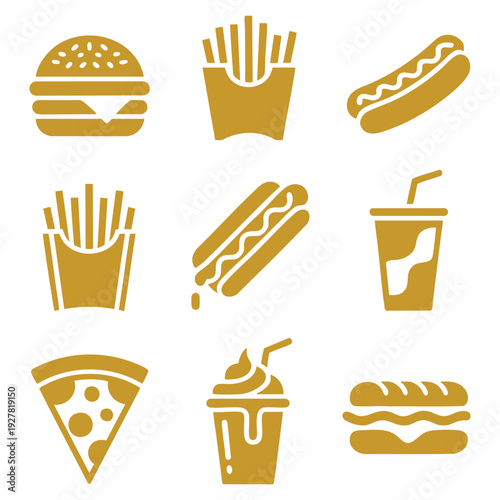 Delicious assortment of iconic fast-food items in a stylized icon set