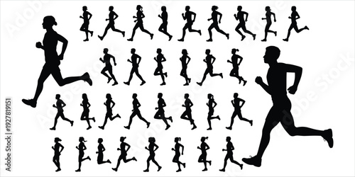 Diverse group of male and female runners in silhouette on white background Keywords: running, runner, race, marathon, athlete