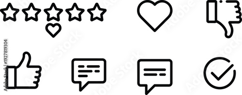Clean, bright outline icons depicting user feedback elements on a white background, conveying online interaction.