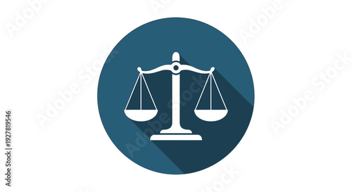 A graphic illustration of a scale symbolizing justice and balance in a circular frame viewed from a straightforward perspective