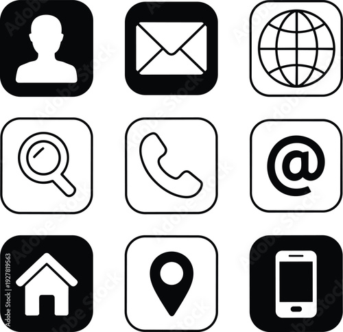 Clean black and white communication icons, efficiently facilitating modern digital interaction and information access.