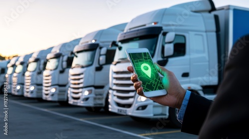 A person uses a smartphone with a location map app in front of a row of white delivery trucks, symbolizing fleet management and logistics tracking.