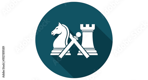 A knight and a rook chess piece in a stylized illustration on a circular background