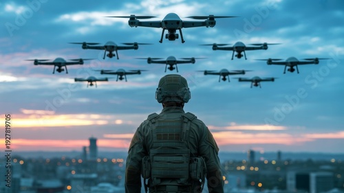 A soldier in tactical gear observes a fleet of drones flying over a cityscape during dusk.