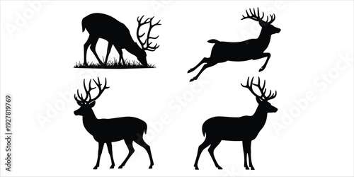 Four Black Silhouettes of Deer with Antlers on Grass and White Background stag buck