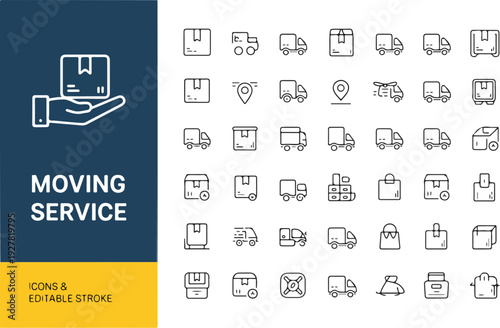 Set of 42 minimalist moving service and relocation icons with editable strokes for logistics, delivery, and real estate apps.