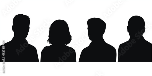 Four diverse head and shoulder silhouettes of people on white background Keywords: silhouette, people, man, woman, head