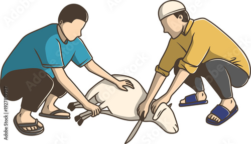 Men preparing a sheep for slaughter.