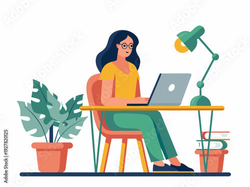 Woman working remotely at a desk with a laptop and plant
