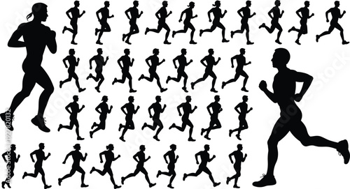 Large Collection Of Male Runner Silhouettes In Various Running Poses On White Background vector illustration