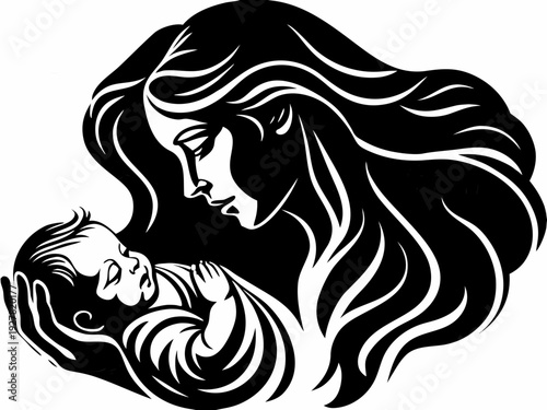 A mother lovingly gazes down at her sleeping baby in a stylized design