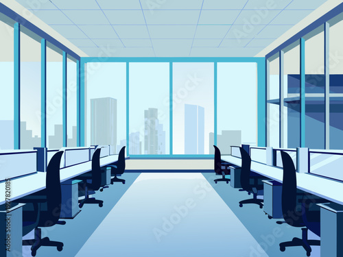 Fotografie Minimalist office interior with a cityscape view through large windows