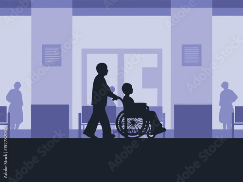 Silhouette of a caregiver assisting a patient in a wheelchair indoors