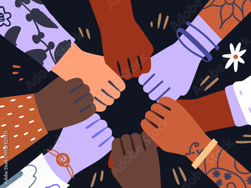 Diverse hands joined together in a circle symbolizing unity and support