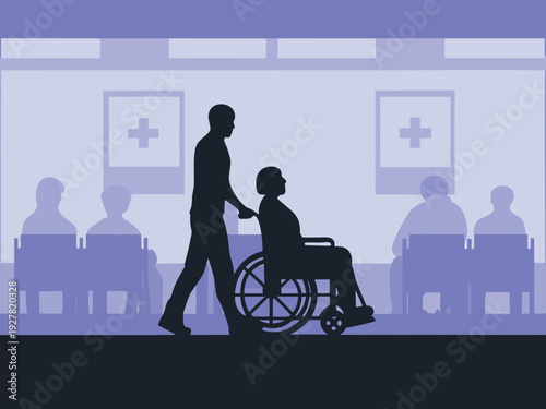 A hospital hallway scene with a patient in a wheelchair and medical staff