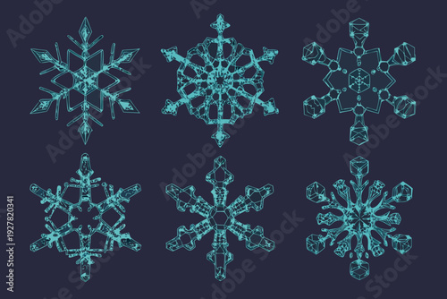 Intricate teal snowflake designs arranged against a dark blue background