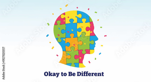 Vibrant puzzle pieces forming a human head with okay to be different text symbolizing individuality and self acceptance with colorful background