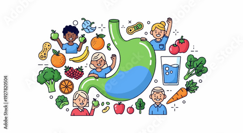 Digestive system with healthy food and people around illustrating gut health and nutrition concepts