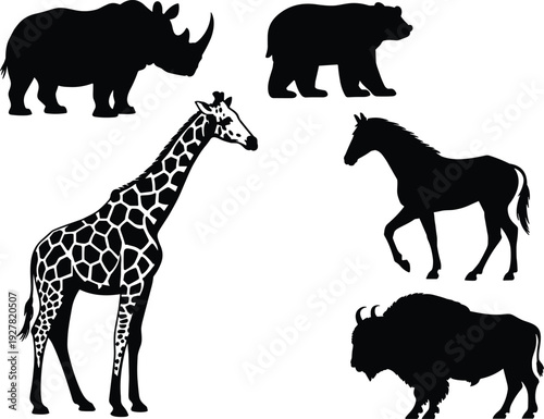 Silhouettes of a giraffe, rhino, bear, horse, and bison on a white background animals wildlife
