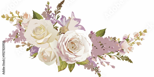 Elegant floral arrangement featuring roses lilacs and other delicate blooms