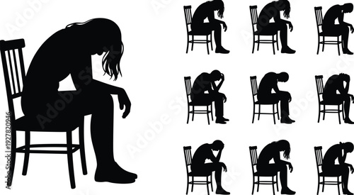 Silhouettes of people sitting in chairs with heads bowed in despair or sadness vector illustration
