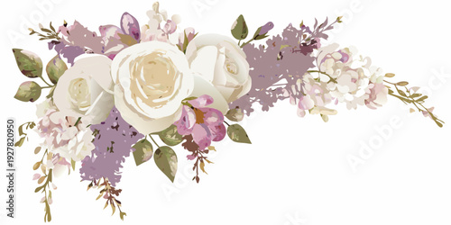 Watercolor arrangement of white roses lavender and delicate floral sprigs