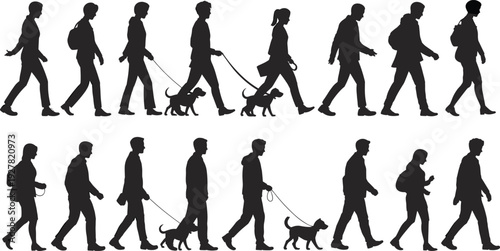 Silhouettes of people and dogs walking in two rows on a white background Keywords: silhouette, people, man, woman, child, dog