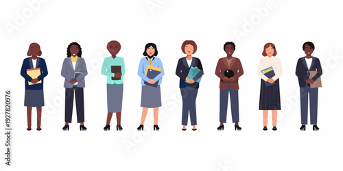 Diverse group of professional women standing in a row holding folders