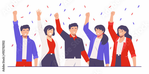 Diverse group of people celebrating with raised hands and confetti falling