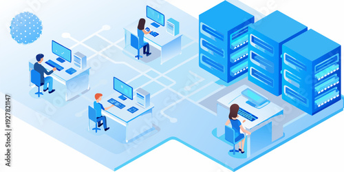 Isometric illustration of data center with people working at computers