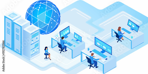 Isometric illustration of people working with technology and data networks