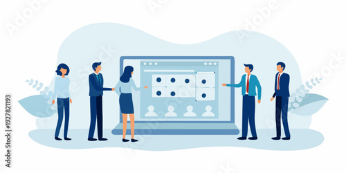 Team collaborating around a large screen displaying data analytics