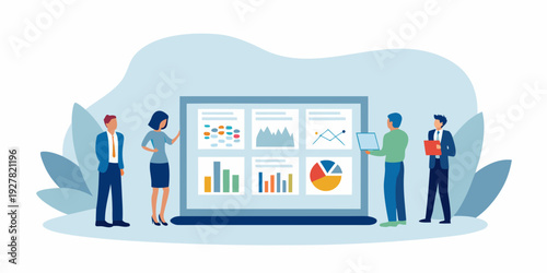 Team analyzing data visualizations on a large digital display screen