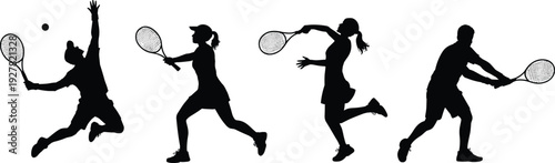 Silhouettes of tennis players in action during a match on white background sport athlete