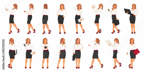 A series of illustrations depicting a businesswoman in various poses